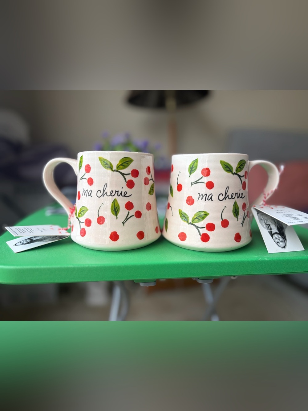 MaCherie Cherry Pattern Ceramic Mug Set - White with Red and Green